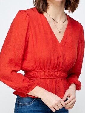 NWT Faux Wrap Cinched Waist Blouse - Red | FREE SHIPPING